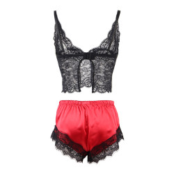 Subblime - 953966 Chemise De Nuit Décontractée En Soie + Pantalon En Dentelle Noir/Rouge L/Xl
